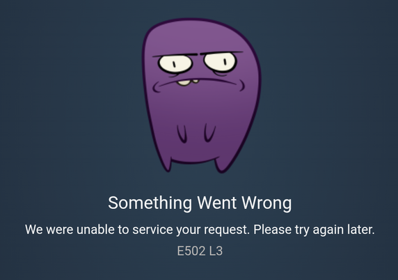 An angry purple cartoon monster, with an error message likely caused by too many people buying Deltarune at once