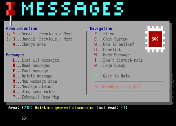 Screenshot of the new ANSI menu screen for the "messages" section of Wintermute BBS. It is designed to look like the back of a postcard, with an ANSI art stamp in the top right corner.