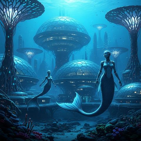 Kryphion (The name is based on the Greek word 'κρυφός' which means hidden)
-The City Beneath the Silence

Far beneath the crushing blue tides of Neptune, in the eternal twilight of the abyss, lies the city of Kryphion—a vast domed civilization pulsing with bioelectric light, built within the skeletons of ancient tectonic fissures. Towering spires, like petrified trees of obsidian and flame, rise from the ocean floor, connected by glowing arterial highways. Between them patrol the synthetic sirens—cybernetic mermaid guardians designed for deep-pressure recon and defense.