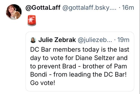 @ @GottaLaff @gottalaff.bsky.... - 16m 8 Julie Zebrak @juliezeb... - 19m DC Bar members today is the last day to vote for Diane Seltzer and to prevent Brad - brother of Pam Bondi - from leading the DC Bar! Go vote!