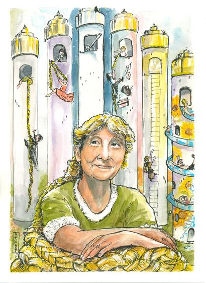 An Older Rapunzel rests her arms on a swirling mound of her own braided hair. Behind her are six towers, like scrolls, dividing her life into 6 decades, or chapters. Characters go up and down the towers, and the last is repainted with sunflowers and a waterslide going round and round. How do we transform our towers--the ones that hurt us, the ones we carry with us?  What would an elder Rapunzel tell us?