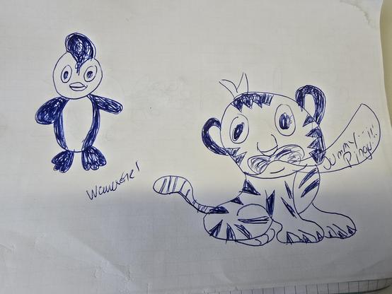Pinguin und Tiger, gezeichnet, mit Kugelschreiber