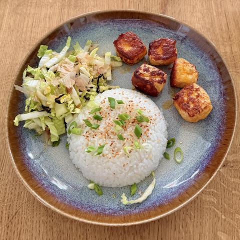 A close-up of my plate with the meal as described in the post.