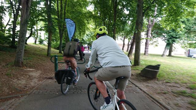 Hommes et femmes à vélo sur un chemin urbain arboré.