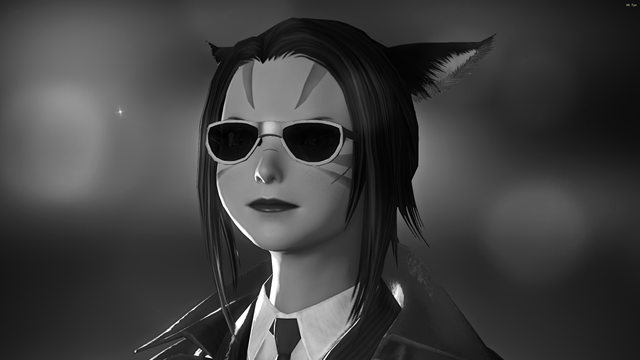 My FFXIV Miqo'te in a black and white cutscene in a recent Manderville quest.