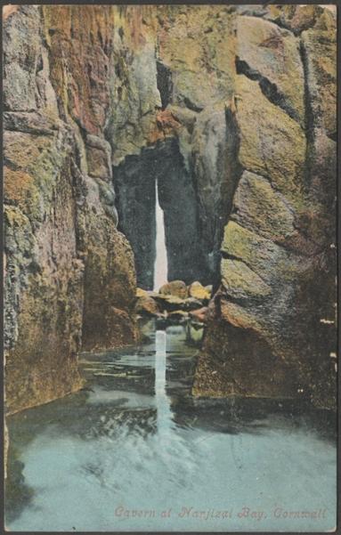 Printed colour postcard showing a view of the cavern at Nanjizal Bay in West Cornwall.

Published by Valentine & Sons Ltd, Dundee & London, Valentine's Series, not numbered, with Land's End cachet type 2.

Postally used on 12 April 1904 with squared circle Sennen cancellation on green halfpenny stamp and sent to Miss B. Rickard, Penvean, Camborne, Cornwall.

Good condition, with slight corner bumps, some edge wear to left side and photo album marks to back.