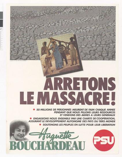 Affiche d'Huguette Bouchardeau, candidate PSU aux élections présidentielles de 1981 : "arrêtons le massacre !"
