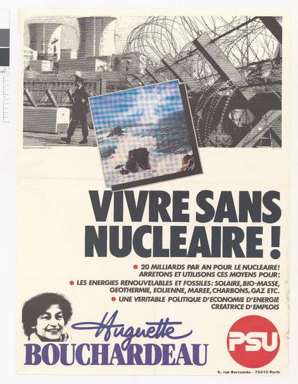 Affiche d'Huguette Bouchardeau, candidate PSU aux élections présidentielles de 1981 : "vivre sans nucléaire !"