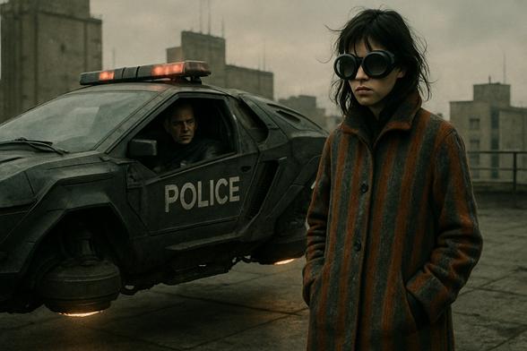 Black-haired and slender, wearing the new huge dust-filtering glasses, she approached his car, her hands deep in the pockets of her brightly striped long coat. She had, on her sharply defined small face, an expression of sullen distaste.