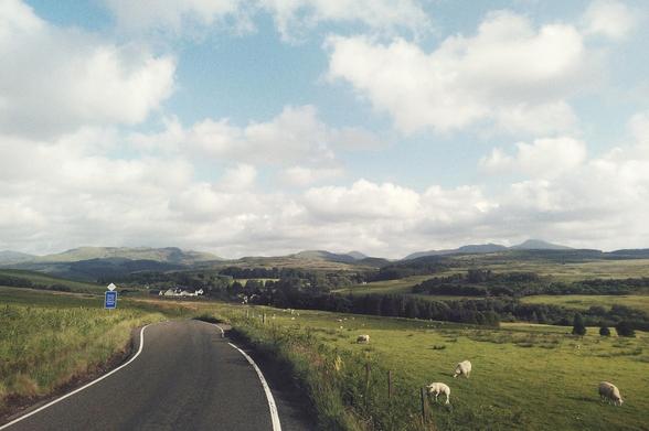 A horizontal colour photograph of a single lane road bordered by fields with sheep grazing. In the distance are some hills. The sky is blue with some white clouds.