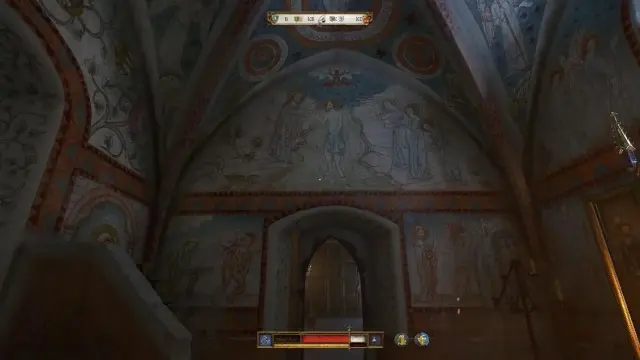 A gloomy interior of a painted church from Kingdom Come: Deliverance II.