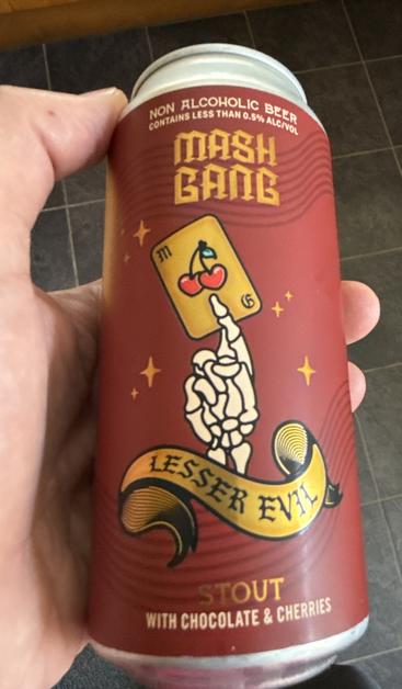 A red can with a motif of a skeleton hand holding a playing card. It’s Lesser Evil by Mash Gang, a milk chocolate and cherry stout with an ABV of 0.5%. If you’ve not had any of their other beers, do yourself a favour. Their NA beers really set the gold standard.