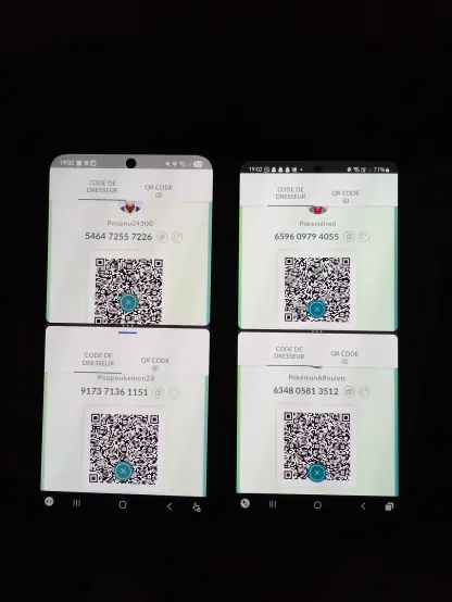 Photo des 4 codes pour m'ajouter sur pokemon go :

Petit compte 
6348 0581 3512
Deuxième Petit compte 
9173 7136 1151
Grand compte
6596 0979 4055
Deuxième grand compte
5464 7255 7226