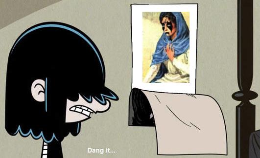 Meme showing the character Lucy from the animated sitcom "The Loud House", a circa 10 year old girl with long black hair, standing in her room. One of her posters has apparently just fallen off and thus a poster which was hidden before is now revealed. The revealed poster is an artwork showing a young woman with a blue headscarf and a kind of unsettling makeup which is typical for the music genre Black Metal. Apparently Lucy is annoyed by the fact that the poster showing the young woman is now revealed (since she is grinding her teeth while thinking "Dang it")
