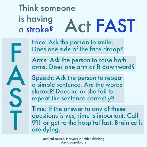 Think someone is having a stroke?
Act FAST 

Face: Ask the person to smile.
Does one side of the face droop? 

Arms: Ask the person to raise both arms. Does one arm drift downward? 

Speech: Ask the person to repeat a simple sentence. Are the words slurred? Does he or she fail to repeat the sentence correctly? 

Time: If the answer to any of these questions is yes, time is important. Call 911 or get to the hospital fast. Brain cells are dying. 

medical source: Harvard Health Publishing 
davidaugust.com