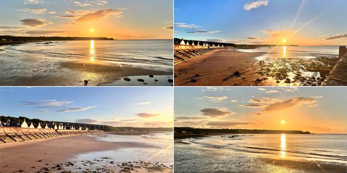 Four photo collage. Evening sunset over the sea and beach. Golden tones, silvery/gold sea, orange skies, pale clouds. Top right and bottom left, a row of fishing cottages with white gable ends.