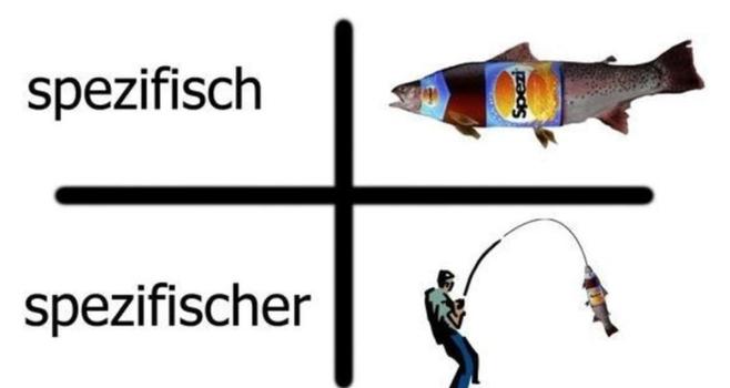 Das Bild zeigt ein quadratisches Diagramm mit einem Kreuz, das die Wörter "spezifisch" und "spezifischer" in den jeweiligen Quadranten anzeigt. Im oberen rechten Quadranten ist ein Fisch mit einem Etikett, das "Spezi" zeigt, zu sehen. Im unteren rechten Quadranten ist ein Angler mit einer Angelrute, die einen Fisch holt, der ebenfalls ein "Spezi"-Etikett trägt. Die Illustration spielt auf die Unterschiede zwischen den Adjektiven "spezifisch" und "spezifischer" an, wobei der Fisch mit dem Etikett "Spezi" als Beispiel für die Verwendung des Wortes "spezifisch" dient, während der Fisch, der mit der Angel gezogen wird, ein Beispiel für "spezifischer" ist.