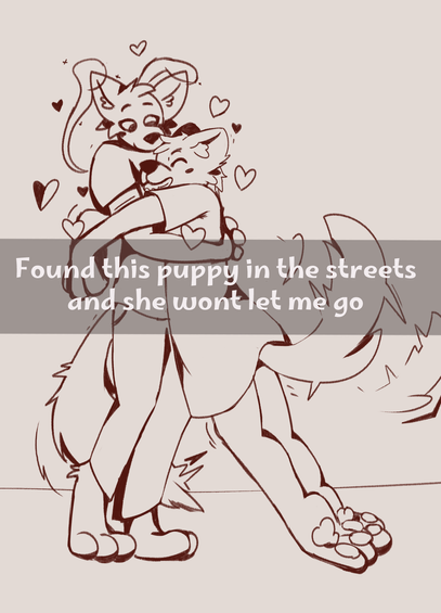 Emily slumped over in Lloxie's arms, grinning and surrounded by little hearts as Llox hugs her and looks at her in amused affection. The caption reads "Found this puppy in the streets and she won't let me go"