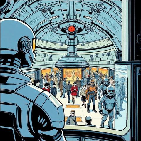 Image with seed 3793794640 generated via Stable Diffusion through @stablehorde@sigmoid.social. Prompt: comic book drawing of a corporate security android watching a diverse crowd of humans and humanoid aliens in the shopping mall inside the habitat ring of a space station, science fiction, space opera, moebius, bilal, star wars, star trek