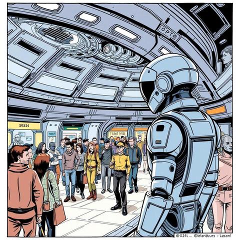 Image with seed 3793794640 generated via Stable Diffusion through @stablehorde@sigmoid.social. Prompt: comic book drawing of a corporate security android watching a diverse crowd of humans and humanoid aliens in the shopping mall inside the habitat ring of a space station, science fiction, space opera, moebius, bilal, star wars, star trek