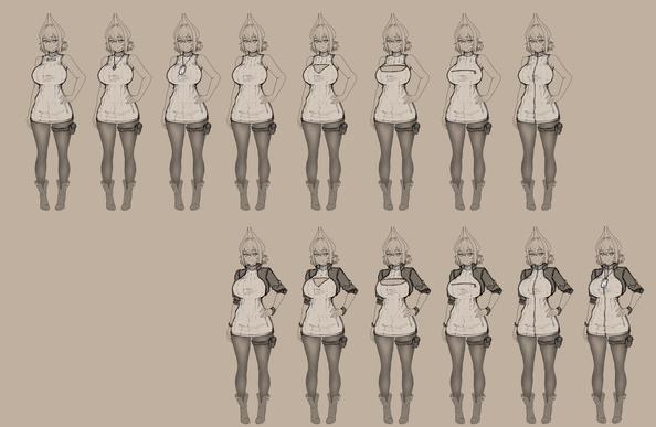 Concept sheet of full body sketches of my OC Lisa. Top row is the new version of her default outfit with redesigned sweater dress and slight variations of it. Bottom row is the same, but with a super-cropped jacket added on top. Truly a monument to my indecisiveness and perfectionism!