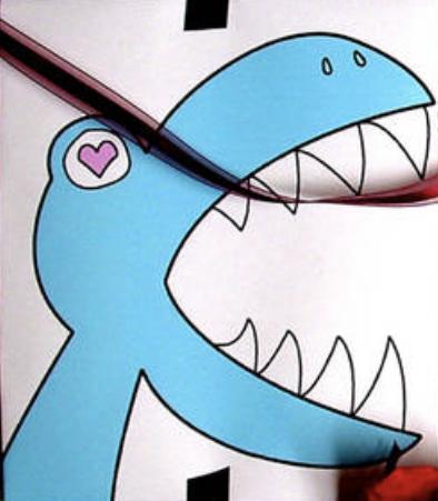 The drawing of a dinosaur from the album art of Lemon Demon's Dinosaurchestra. It is cyan and has a big dopey open mouth and heart eyes.