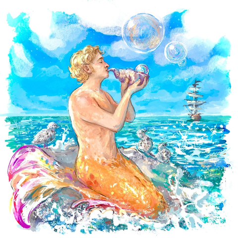 Digital painting of MerStede sitting on a rock, which he shares with 3 fluffy little seagull chicks. Stede's eyes are closed as he blows bubbles out of a conch shell. The bubbles float towards a sailing ship in the background. Stede's orange tail sparkles in the sun, and it is bent at the 'knee' to place his pink & white tailfin behind him on the rock. White foam splashes up where the waves hit the rock, but the sea looks calm – light blue and teal, sparkling just like Stede's tail. The sky is a bright blue with fluffy white clouds.