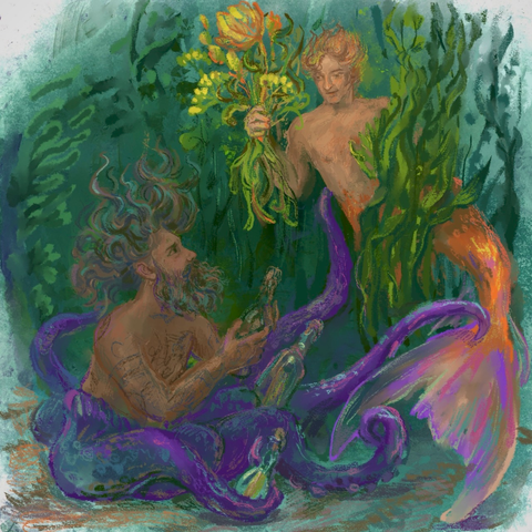 Digital painting of kraken Ed sitting on the sea floor as MerStede emerges from behind some seagrass. Ed's purple tentacles clutch 2 glass bottles containing lovely letters, and he holds 1 more in his hands. With a besotted look on his face, he looks up at Stede, who smiles back at Ed and holds out a bouquet of seagrass flowers. Two of Ed's tentacles reach out for Stede's waist and tail.