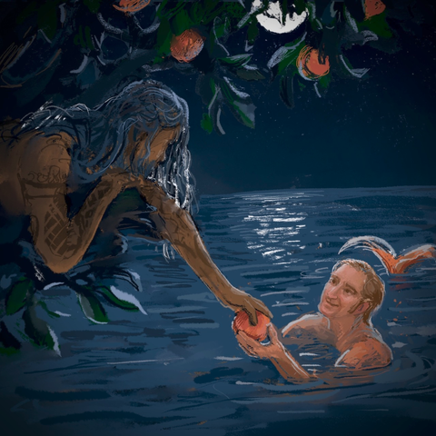 Digital painting of Edward and MerStede. We see Ed from the chest up, lying on a branch of a peach tree that hangs low over the surface of a moonlit sea. Ed reaches down to hand a peach to Stede, who smiles up at Ed from where he floats in the water. Stede is submerged from the shoulders down, apart from his hand taking the peach from Ed, and we can see his tail fin peeking out behind him. Ed is naked or topless, and his hair falls loosely over his shoulders. His face is turned away from the viewer to look at Stede, so we cannot see his expression.