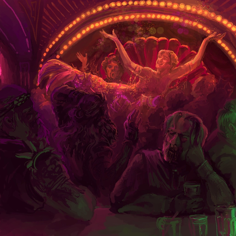 Image description via aloc.bsky.social: a messy drawing, picturing a dubious aesthetic of a shabby dark cabaret with smiling Fang and Izzy Hands (u can hardly tell it's him, but it supposed to be him) drinking his fourth drink in the foreground. A blurry dark spot in the center of this mess supposed to symbolize Edward Teach who is looking to the far back where u can see a heavy set woman with a weird face, lit and sparkling, wearing a mermaid tail (but this supposed to be Stede Bonnet in a golden mermaid dress) who is lifted up and supported in the air horizontally by some blurry unrecognizable blobs that supposed to be artists of the said cabaret.