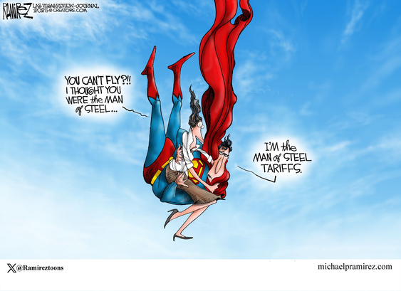 cartoon showing Lois and Superman falling in mid air and holding on to each other
Lois:"You can't fly?!! I thought you wre the man of steel..."
Superman:" I'm the man of steel tariffs."
(which won't fly)
