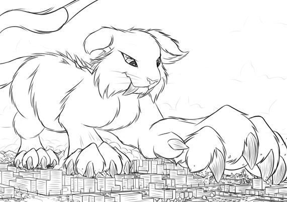 Fang has now moved to the downtown area, leaving a trail of pawprints from the lab to the town.  His paws are now way wider than the streets destroying office building on either side of the road with each step.  He has one paw outstretched towards Mawie who is macro herself, but smaller than clawsized relatively speaking.