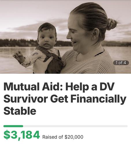Image: A nonbinary person is smiling and looking at the baby they are holding, who is looking at the camera with an eager expression.

Text:

Mutual Aid: Help a DV Survivor Get Financially Stable

Visual fundraising status of $3,184 raised towards a $20,000 goal.