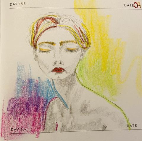 Pencil drawn portrait of a woman with Beatles closed eyes, slightly coloured with rainbow colours