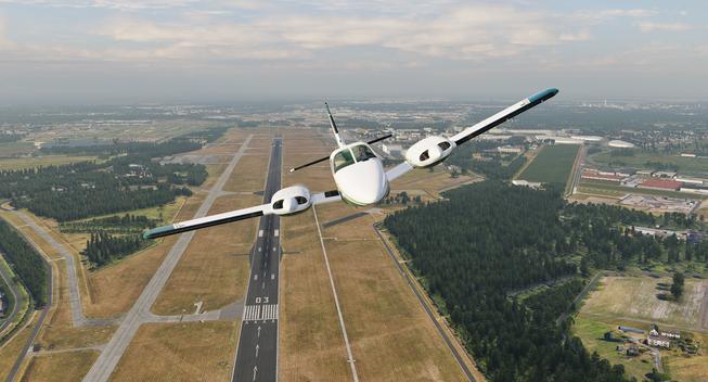 a twin prop airplane (Piper Seneca II) in the x-plane flight simulator, just took off from Eindhoven airport