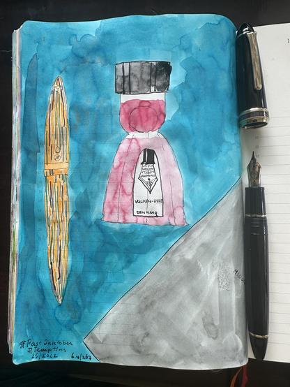 Sketch in sketchbook of a fountain pen, ink and notebook