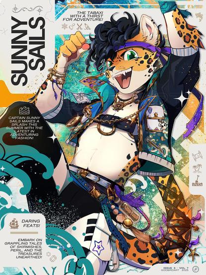 image is a digital illustration featuring a determined anthropomorphic jaguar character dressed in a crop top jacket and chest harness with dark pants and a gold-trimmed violet headband ribbon. metallic gold hardware accents their apparel with other accessories such as a beaded tassel key chain, a message in a bottle, a skull and crossbones key chain, and various gold charm bracelets themed with oceanic icons. the background text reads: The Tabaxi with a thirst for adventure! Captain Sunny Sails makes a splash this summer with the latest in adventuring fashion! Daring feats: embark on grappling tales of skirmishes, peril, and the treasures unearthed!