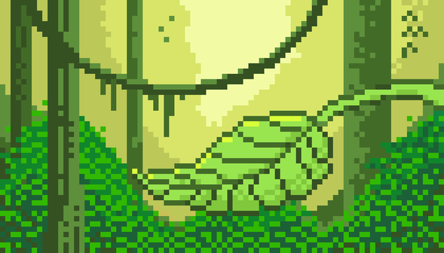 A rainforest ecosystem landscape in pixel art form including a single leaf against a green backdrop of thin trees, vines covered in moss and some insects.