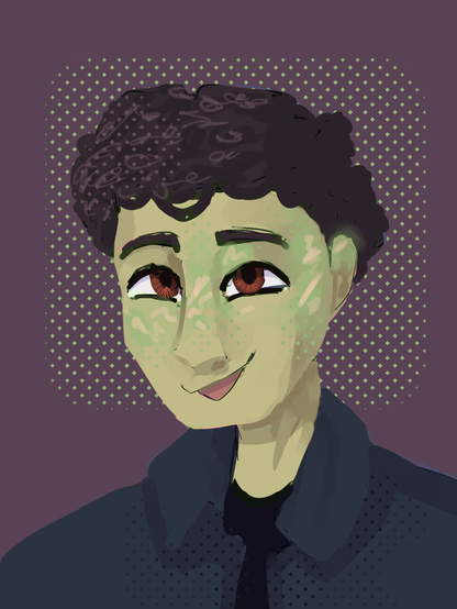 A drawing showing yasin an anschu. He has brown curly hair and brown eyes. His skin is greenish and he is wearing a blue shirt.