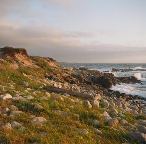 A grassy and rocky hill overlooking the ocean