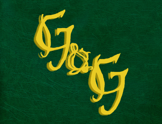 A stylized G&G logo in gold on a green leather background