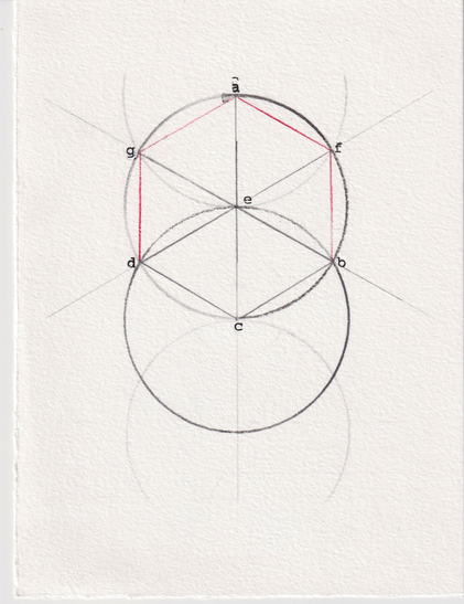 A rendering negotiated from book IV proposition 15 of Elements (1482 print-edition).

Two overlapping same-sized circles; top & bottom. The topmost circle has within it an inscribed hexagon, mostly in red colored pencil.

Sans any red line, however, and the diagram once more illustrates proposition 1 from book I.