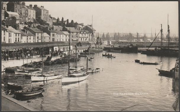 Monochrome real photographic postcard showing a superb view of the harbour at Brixham in Devon.

Publisher not stated, not numbered, c.1920.

Postally unused.

Excellent condition, with minimal corner bumps.