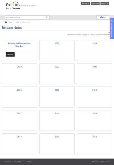 Web page screenshot of five rows of three rows of rectangles, each labelled with a year, except for one that is "Release and Maintenance Schedule." The page shows vast amounts of whitespace.