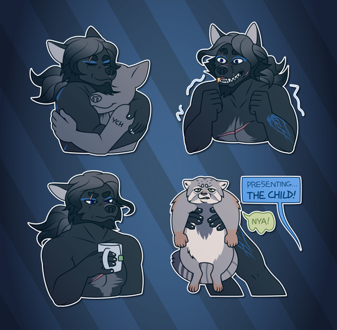 Telegram stickers of a scarred and grizzled anthro wolf. In them, he hugs another character; vibrates with manic excitement; holds a cup of tea while looking mildly annoyed; and shouts "presenting... the child!" while holding up a small anthro Pallas cat, who responds "nya!" with a grumpy expression.