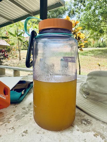 A half-empty bottle of juice in a Nalgene bottle.