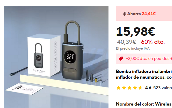 Aliexpress air compressor screenshot. Price was 15,98€, from a previous "40,39€" wich I believe is an overinflated price (LOL, pun intended)