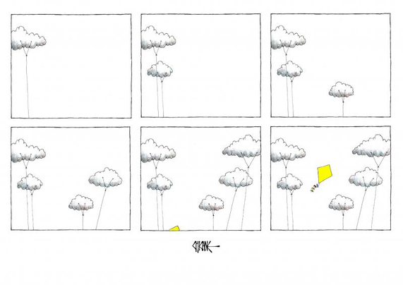 cartoon, 6 vlakken, 1e 1 wolk aan touwtje, 2e 2 wolken aan touwtjes, 3e 3 wolken aan touwtjes, 4e > 4 wolken aan touwtjes, 5e > 5 wolken aan touwtjes, 6e 5 wolken aan touwtjes met 1 gele vlieger zonder touw
cloud services, steeds meer, touwtjes in handen van...[trump?] tot er vrijheid komt > no strings attached