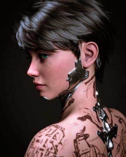 A young woman with short dark hair and striking green cyberware eyes is shown in a close-up, three-quarter view from behind. Her skin is smooth with faint freckles on her cheek, and her expression is calm, almost contemplative. Portions of her neck and upper back are augmented with sleek metallic implants that glint under soft lighting. These implants connect in segments along her spine, blending into intricate, circuit-like tattoos etched across her shoulders and back. The background is dark, which draws attention to the contrast between her natural features and the futuristic biomechanical enhancements. The image conveys a blend of human vulnerability and advanced technology, suggesting themes of transformation or identity.