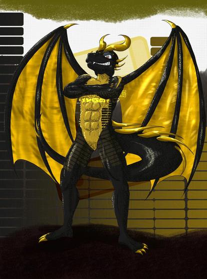 A Black and Yellow dragon with glasses standing confidently. Sourounded by large soundbars.